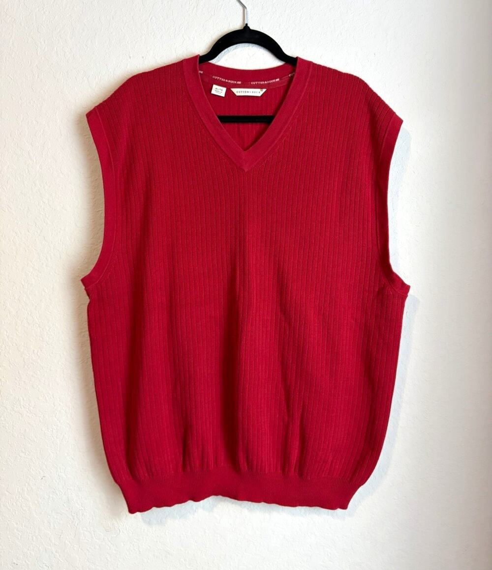 Cutter & Buck Men's Red 100% Cotton V-Neck Sweater Vest Ribbed Golf XL Tall